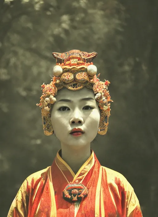 Prompt: old vintage photo of godly Chinese ancient sentiel standing in the ancient temple during magical ritual, symmetrical face, big eyes and lips, looking down, subtle makeup, clean face and body skin,ecstatic expression,volumetric lights,depth of field, lens flares, dust in the air, moody lighting, intricate, elegant, highly detailed, centered, smooth, sharp focus, Donato Giancola, Joseph Christian Leyendecker, WLOP, Boris Vallejo, Artgerm moody photography, old photo, black and white, sepia, cinematic lighting, cinematic angle, national geographic