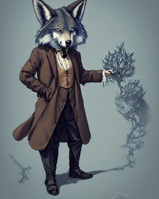 Image similar to anthropomorphic art of a detective wolf, victorian inspired clothing by artgerm, victo ngai, ryohei hase, artstation. fractal papersand books. highly detailed digital painting, smooth, global illumination, fantasy art by greg rutkowsky, karl spitzweg