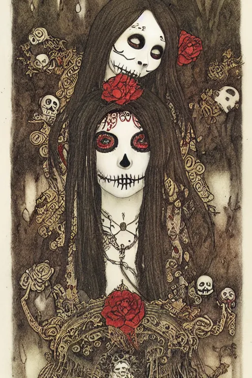 Image similar to Illustration of a day of the dead girl, art by John Bauer