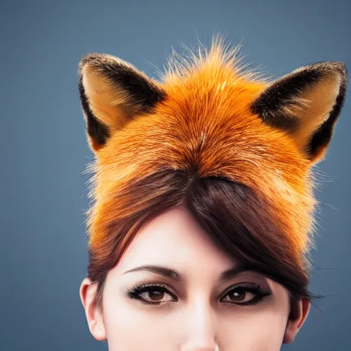 Prompt: woman with fox ears and fox facial features, furry face, close - up, headshot, detailed, symmetric