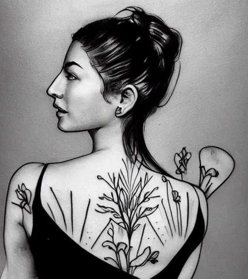 Image similar to tattoo design sketch of a beautiful girl with a faded mountain background, in the style of den yakovlev, black and white, realism tattoo, hyper realistic, highly detailed