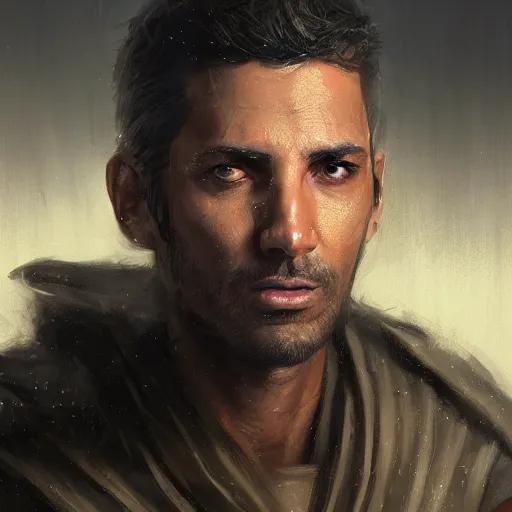 Prompt: portrait of a man by greg rutkowski, a jedi commander, arabian features and olive skin, long black hair, wise appearance, wearing the tactical gear of the galactic alliance, star wars expanded universe, he is about 4 0 years old, highly detailed portrait, digital painting, artstation, concept art, smooth, sharp foccus ilustration, artstation hq