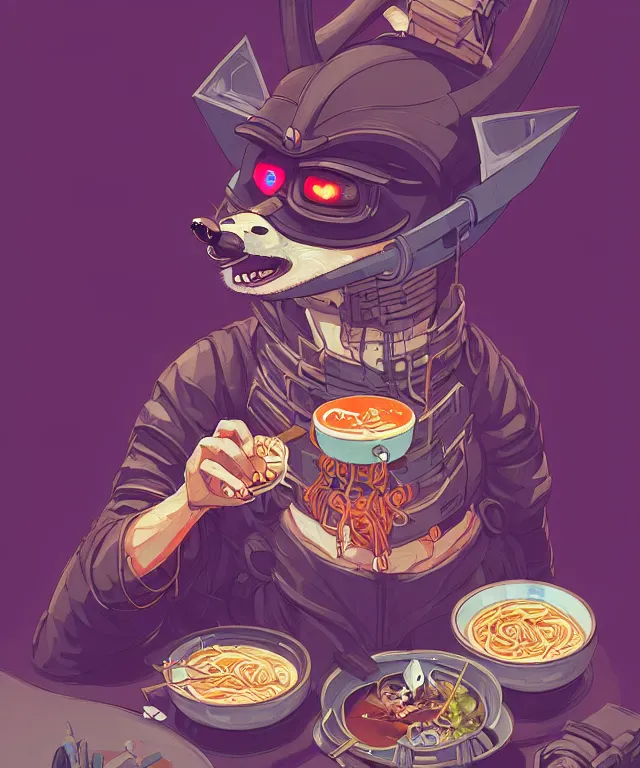 Prompt: a portrait of an anthropomorphic cyberpunk raccoon eating ramen, cyberpunk!, fantasy, elegant, digital painting, artstation, concept art, matte, sharp focus, illustration, art by josan gonzalez