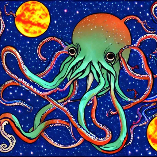 Image similar to space octopus planets stars tentacles eyes light forward facing arms