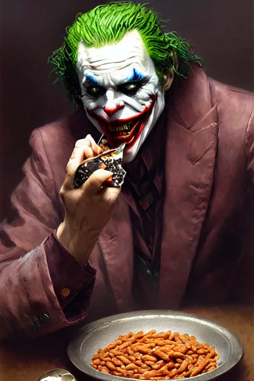 Image similar to the joker eating baked beans and eggs, insane face, high detail, grotesque, portrait dnd, painting by gaston bussiere, craig mullins, greg rutkowski, yoji shinkawa