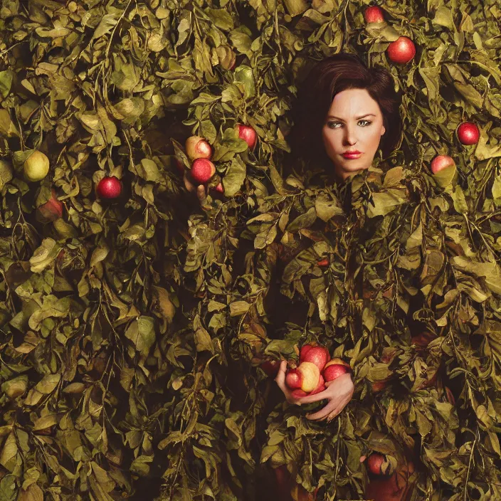 Prompt: a closeup portrait of a woman wearing suit made of leaves and chains, picking apples from a tree, foggy, moody, photograph, by vincent desiderio, canon eos c 3 0 0, ƒ 1. 8, 3 5 mm, 8 k, medium - format print