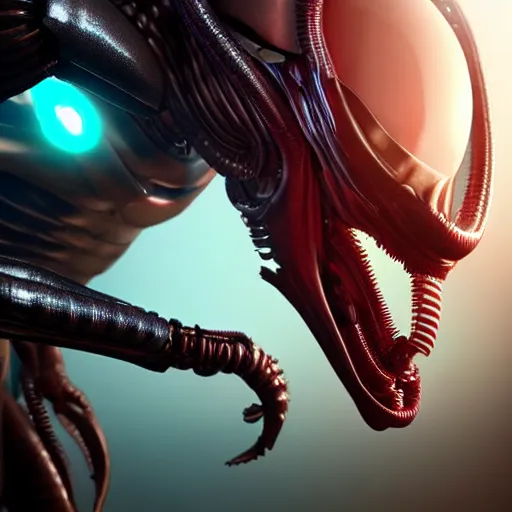 Prompt: futuristic xenomorph alien robot, highly detailed, photorealistic shot, bright studio setting, studio lighting, crisp quality and light reflections, unreal engine 5 quality render