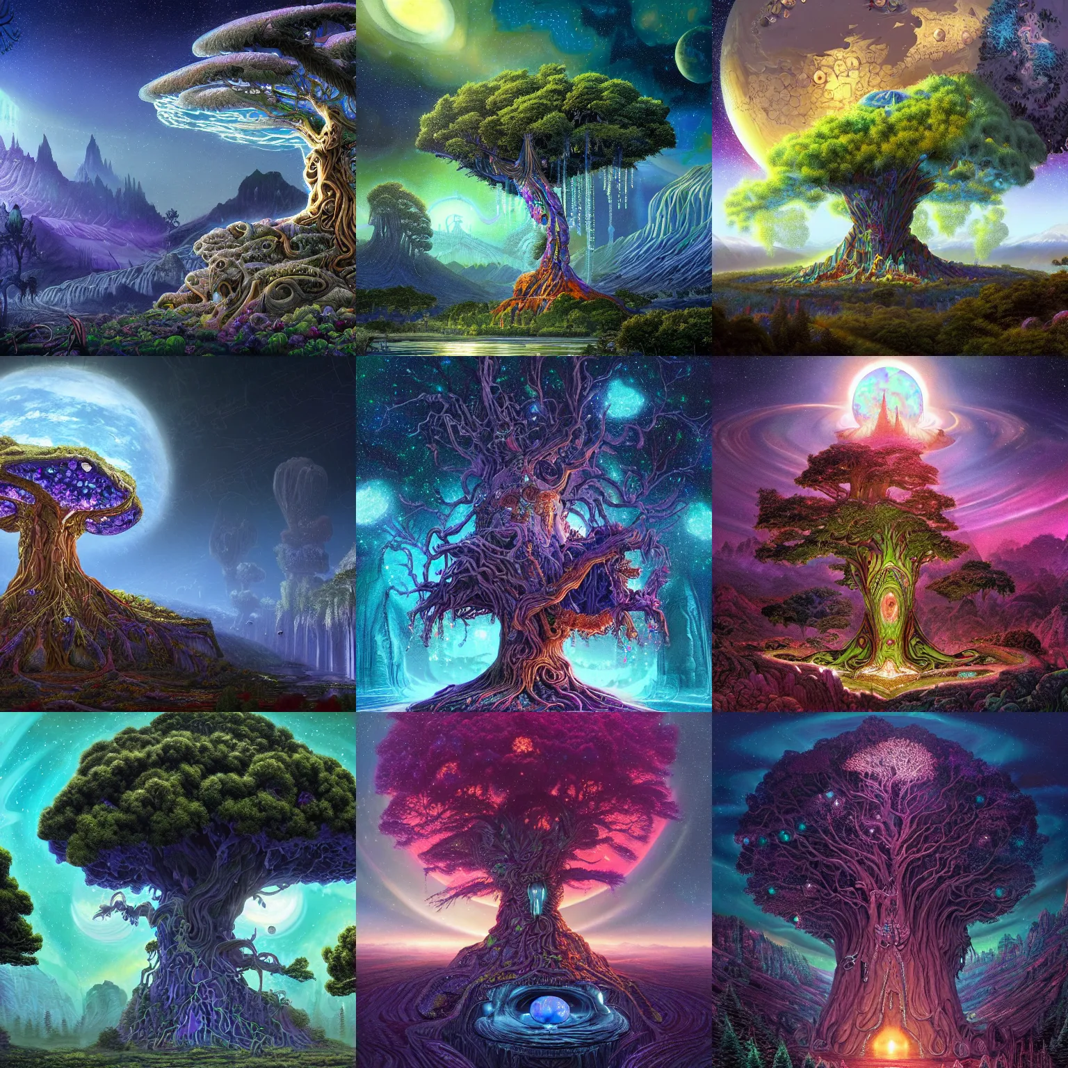 Prompt: a masterpiece!! matte painting of a beautiful! tree with a shining opal! in its' center and opulent crystals! at it's base set within an alien! landscape, by Pail Lehr and Dan Mumford and Dan Hillier, vray rendered, 8k resolution, enormous size