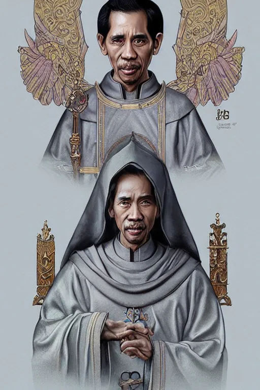 Image similar to saint jokowi, realistic, sketch and art by jacqueline e, color by bo feng lin