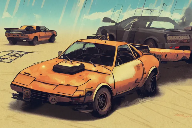 Prompt: digital illustration of mad max's toyota mr 2 pursuit special, by makoto shinkai, ilya kuvshinov, lois van baarle, rossdraws, basquiat