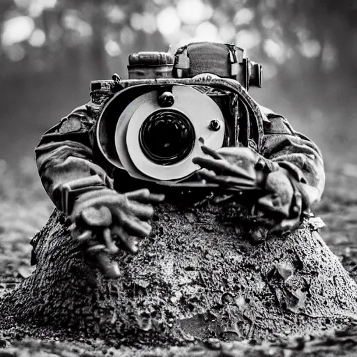 Image similar to surreal photography of a rare military frog equipped with rocket launcher and night vision target acquisition system