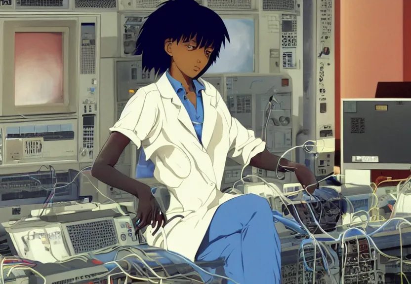 Image similar to dark skin woman wearing a white lab coat with a blue haircut, body connected to wires and surrounded by 1 9 8 0 s computers, painted by yoshitoshi abe and makoto shinkai, in the style of serial experiments lain and gainax evangelion 1 9 9 5, dynamic lighting, dark ambience, cell - shaded, detailed face, retro tech