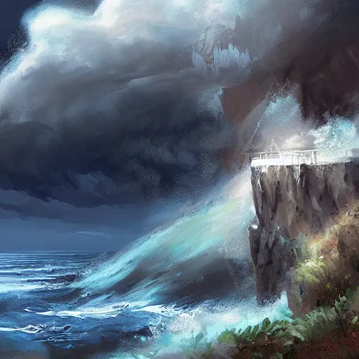 Image similar to cliffside cave overlooking a stormy ocean, highly detailed, by charlie bowater