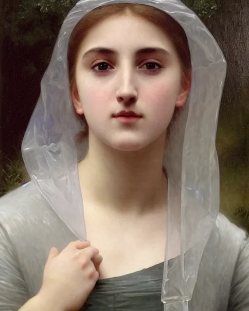 Prompt: a 16-year old girl who resembles Ana de Armas and Saoirse Ronan, wearing a transparent raincoat, detailed oil painting by William Adolphe Bouguereau