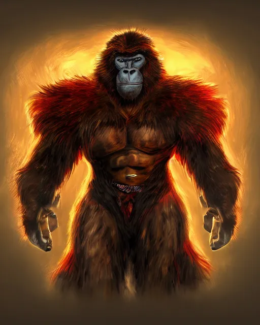 Image similar to fury art, an anthro ape wearing a large cape and a fantasy armor, fiery background, 3 d, 8 k, extremely detailed, trending on furaffinity, trending on artstation, award winning, sharp focus, illustration