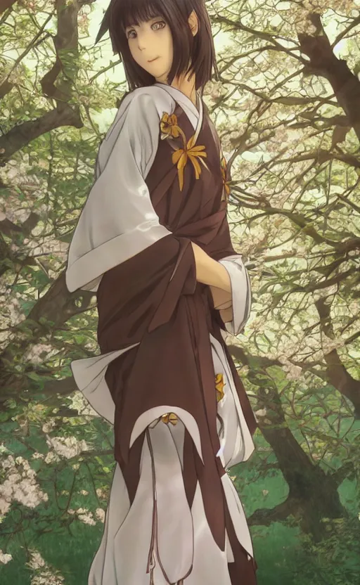 Image similar to anime style, female actress, yukata clothing, sakura tree in background, brown short hair, hair down, symmetrical facial features, from arknights, hyper realistic, rule of thirds, extreme detail, 4 k drawing, safebooru, realistic lighting, by alphonse mucha, greg rutkowski, sharp focus, backlit