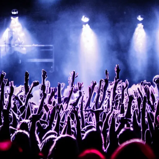 Image similar to a heavy metal band on stage at a concert, very small room with no crowd, center angle, close shot from back of room, professional photograph