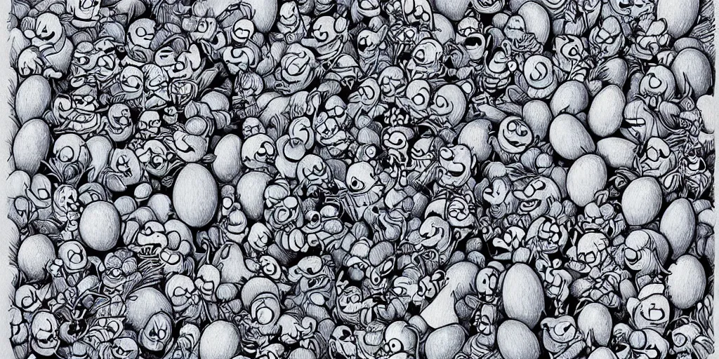 Prompt: an ultra - detailed pen drawing full of smurfs and color eggs.