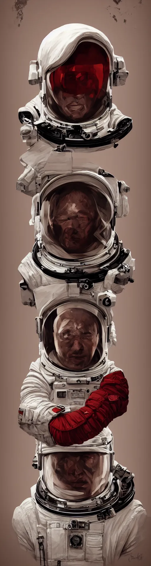 Prompt: a detailed bust of an astronaut art by caravaggio, dynamic lighting, gradient dark red, cream and white color scheme, cinematic, epic composition, hd, digital painting, digital art, concept art, illustration, comic art, stylized, masterpiece, award - winning