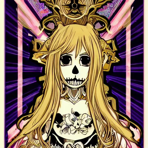 Prompt: anime manga skull portrait soldier girl angel halo cartoon skeleton illustration style by Alphonse Mucha pop art nouveau