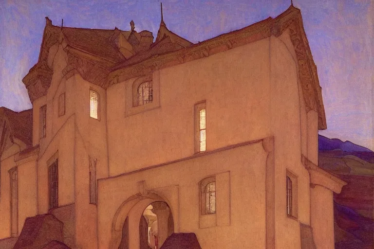 Prompt: beautiful stone house at twilight by Annie Swynnerton and Nicholas Roerich and jean delville, strong dramatic cinematic lighting , ornate tiled architecture, lost civilizations, smooth, sharp focus, extremely detailed