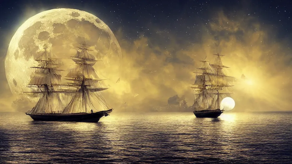 Prompt: beautiful sailing ship in the moon light with backlight beautiful dreamscape digital _ art concept art detailed lovely colors art _ stat