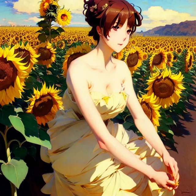 Prompt: beautiful sunflower anime girl, krenz cushart, mucha, ghibli, by joaquin sorolla rhads leyendecker, by ohara koson and thomas