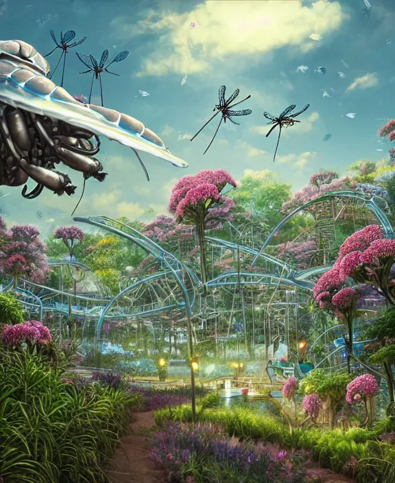 Image similar to an amusement park made out of alien isopod dragonflies, in the style of an seamless robot, overgrown with puffy orchids, partly cloudy, somber, dramatic lighting, by dan mumford, yusuke murata, makoto shinkai, ross tran, cinematic, unreal engine, cel shaded, featured on artstation, pixiv