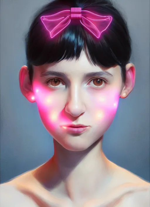 Image similar to portrait of teenage girl, realistic, black hair, bangs, half updo hairstyle, pointy nose, skinny, smile, ugly, defined jawline, big chin, pink hair bow, earrings, intricate, elegant, glowing lights, highly detailed, digital painting, artstation, sharp focus, illustration, art by wlop, mars ravelo and greg rutkowski