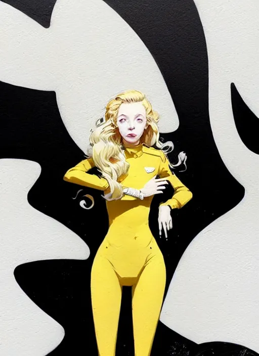 Prompt: highly detailed closeup portrait of beautiful portia doubleday, blonde wavy hair, angela moss, white suit by atey ghailan, by greg rutkowski, by greg tocchini, by james gilleard, by joe fenton, by kaethe butcher, gradient yellow, black and white color scheme, grunge aesthetic!!! ( ( graffiti tag wall background ) )