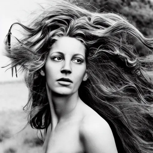 Image similar to full body color photograph of Helen of Troy, wearing a diadem, her hair blowing in the wind, dramatic lighting, by Annie Leibovitz Carl Zeiss 135mm nikon