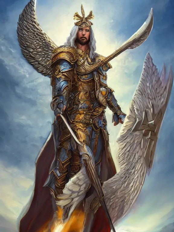 Prompt: male angel warrior priest in a standing pose on a hill, pristine armor, holding a shield, vibrant big opened angel wings on her back, D&D, fantasy, highly detailed, digital art, trending on artstation, smooth, sharp focus, illustration, art by Peter Tang and artgem