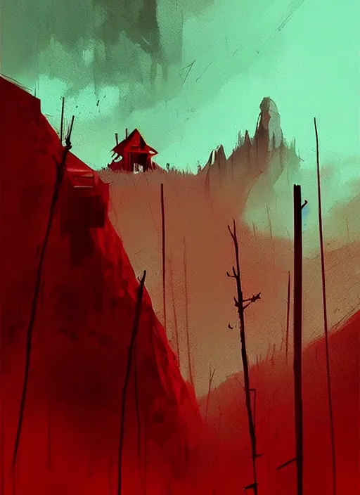 Image similar to horror art, minimalist demon, red peaks in the background, art by ismail inceoglu