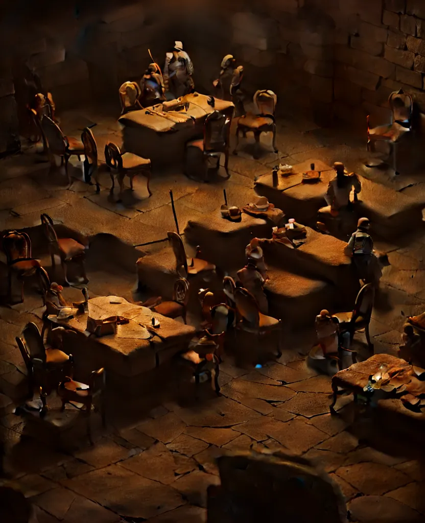 Image similar to the forbidden underground meetings of the traitors, a dimly lit stone room, a single table, some old chairs, all traitors are debating how to kill the king, cinematic landscape, betrayal in the air, octane render, artstation