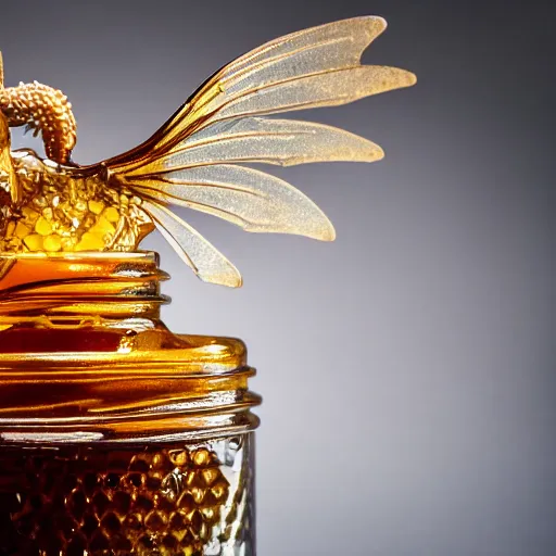 Image similar to a dragon made of honey, in an apothecary. the dragon is transparent. you can see light shining through the wings. honey is dripping everywhere. sigma 85mm f11, rim light, studio lighting, 8k