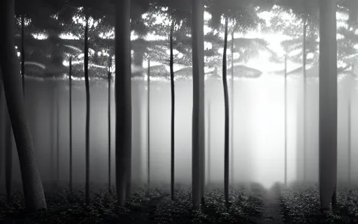 Image similar to black and white drawing of a cyborg forest, trees looks like robots, rim light, cinematic, studio dramatic light, poetic, surreal mythical dreamy dark artistic masterpiece, octane render, 8 k, photo