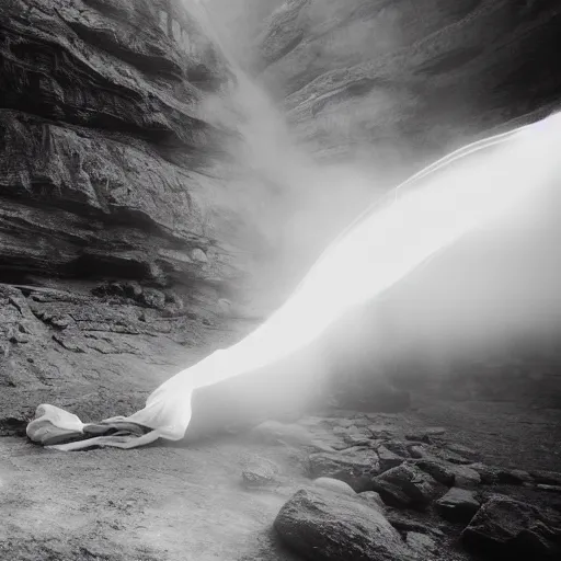 Image similar to photo, a woman in a giant flowing incredibly long dragging white dress made out of white smoke, standing inside a dark western rocky scenic landscape, volumetric lighting