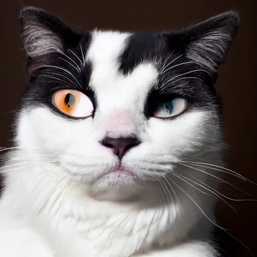 Prompt: fluffy tuxedo white cat portrait, white cheeks, aesthetic highly detailed soft fur and paws, professionally shot photorealistic 8k photograph, 35mm Canon EOS R3, rendered in octane, by Natalie Große and Jason Allison