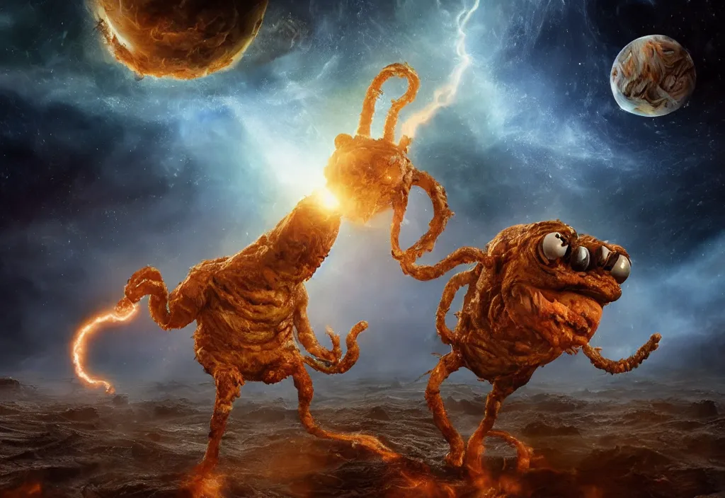 Image similar to eldritch horror bloody garfield in space, hd, 8 k, giant, epic, realistic photo, unreal engine, stars, prophecy, powerful, cinematic lighting, destroyed planet, debris, violent, sinister, ray tracing, dynamic, epic composition, dark, horrific, teeth, grotesque, monochrome drawing, hellscape, death, corpses, foreboding, lightning