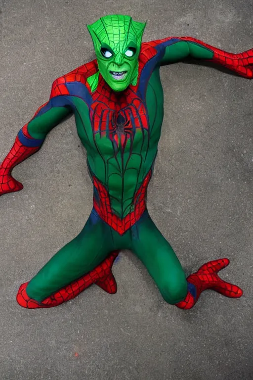 Image similar to a cross between spider man and green goblin