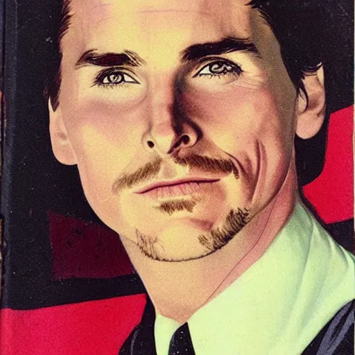 Image similar to “Christian Bale portrait, color vintage magazine illustration 1950”