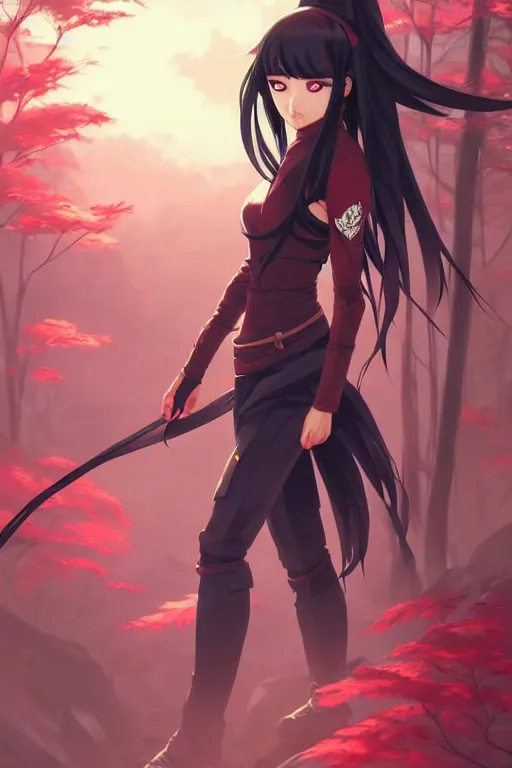 Image similar to a beautiful girl with long dark hair, wearing a ninja uniform, forest background, intricate, highly detailed, digital painting, artstation, official media, anime key visual, concept art, rich vivid colors, ambient lighting, sharp focus, illustration, art by Artgerm, Makoto Shinkai, Ilya Kuvshinov, Lois Van Baarle, and Rossdraws