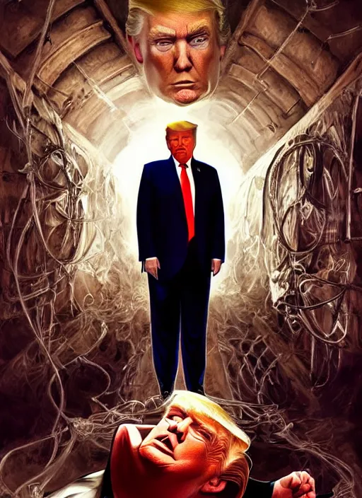 Prompt: donald trump in a prisoner's outfit, cosmic horror painting, elegant intricate digital painting artstation concept art by mark brooks and brad kunkle detailed