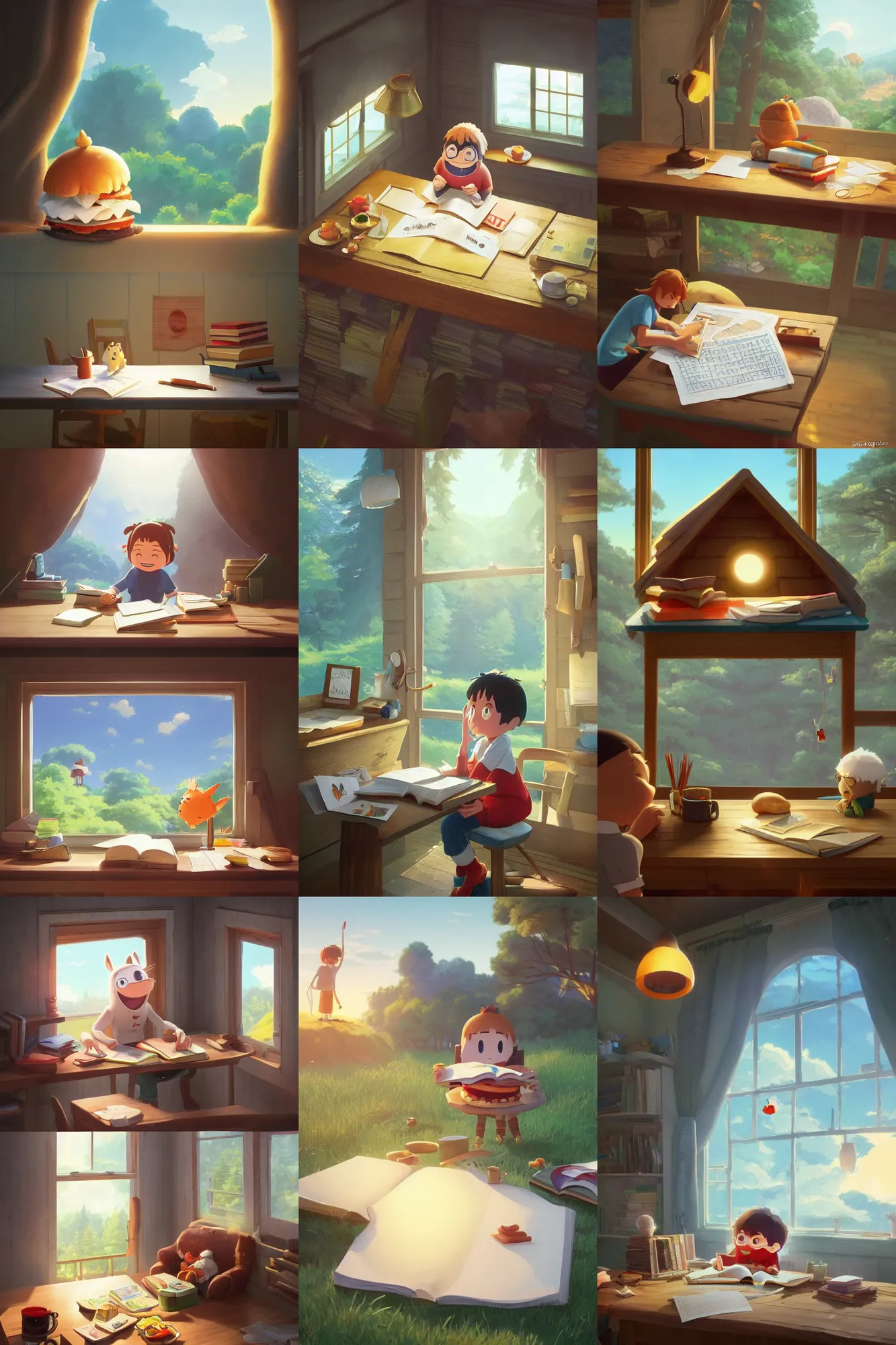 Prompt: a wholesome cottagecore illustration of a happy cartoon hamburger studying math, studio Ghibli, Pixar and Disney animation, sharp, Rendered in Redshift and Unreal Engine 5 by Greg Rutkowski, Bloom, dramatic lighting, sunrise