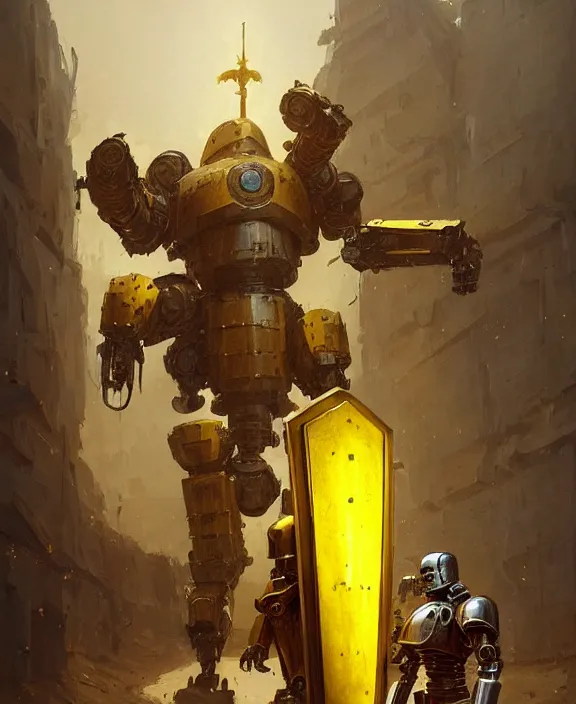 Image similar to human-sized strong intricate yellow pit droid holding large paladin medieval shield!!! and a long medieval engraved powerful great sword, pancake short large head painterly humanoid mecha, beautiful fantasy background by Greg Rutkowski