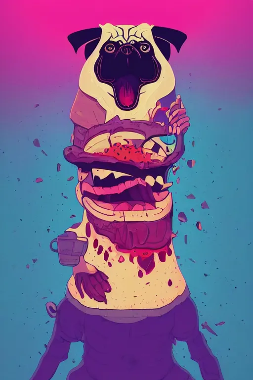 Image similar to demon pug eating flesh. art by mike winkelmann, sticker, colorful, illustration, highly detailed, simple, smooth and clean vector curves, no jagged lines, vector art, smooth, artstation