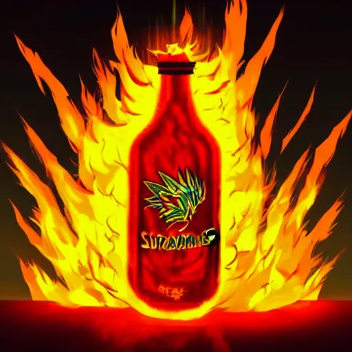 Prompt: a bottle of sriracha going super saiyan, yellow and orange fire in the background, anime artstyle, dramatic lighting, intense lighting, bright