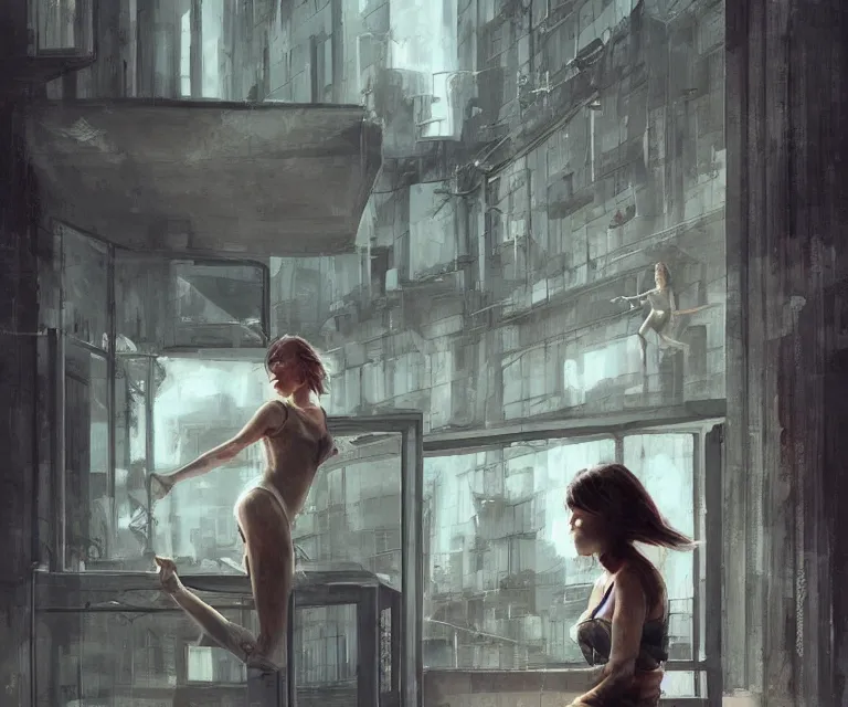 Image similar to window, woman, buildings, surprise, scared, couch by wlop, artgerm, greg rutkowski, expressive, dynamic pose, evocative, highly detailed