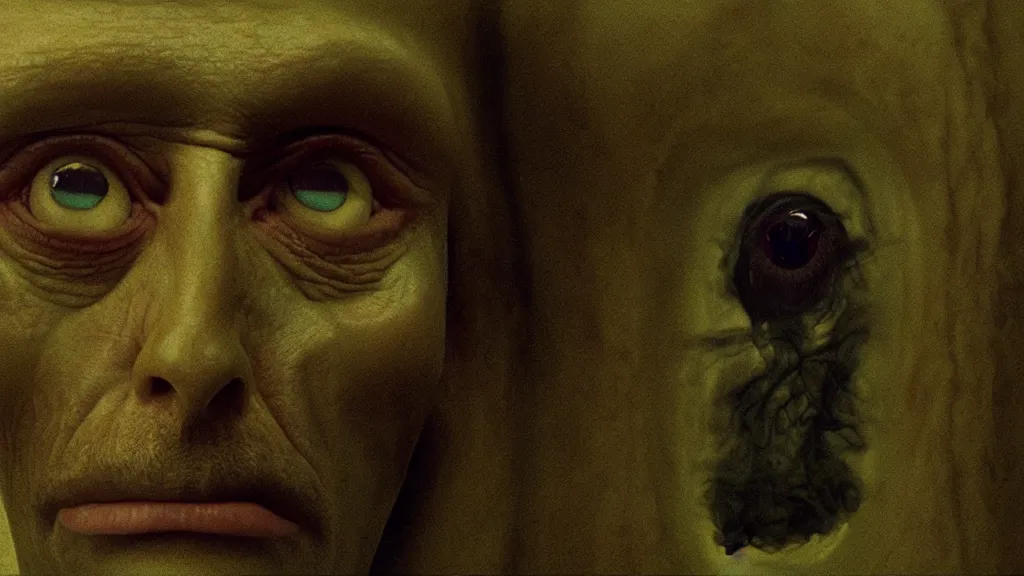 Image similar to the strange creature from my eye, we ait in line at the bank, film still from the movie directed by denis villeneuve and david cronenberg with art direction by salvador dali and zdzisław beksinski, wide lens