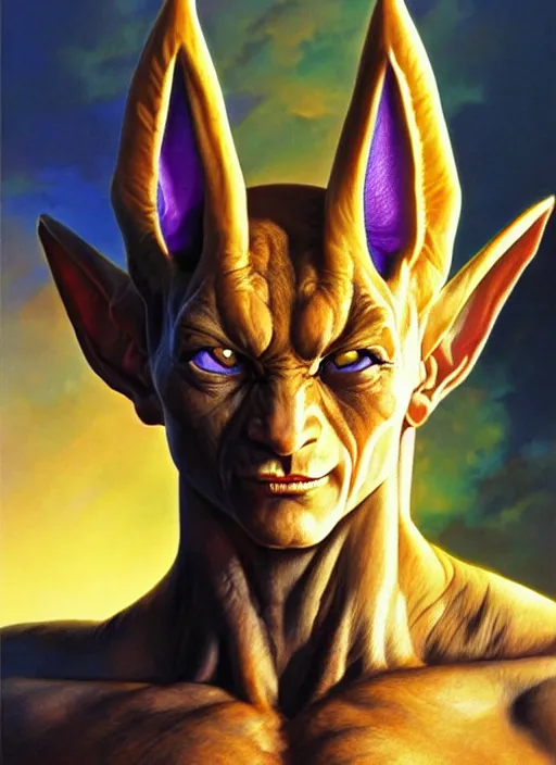 Image similar to a epic portrait of beerus, art by boris vallejo and greg danton and denys tsiperko, detailed, hyperrealism, artstation